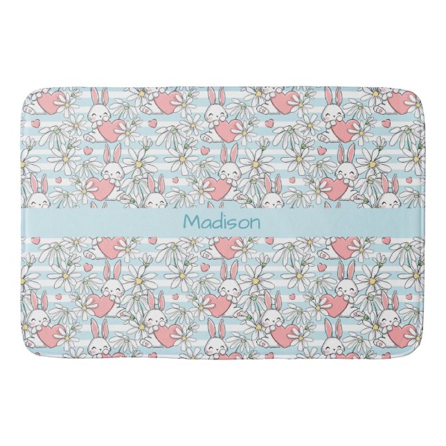 Custom Name Love Bunnies Pattern Bath Mat (Front)