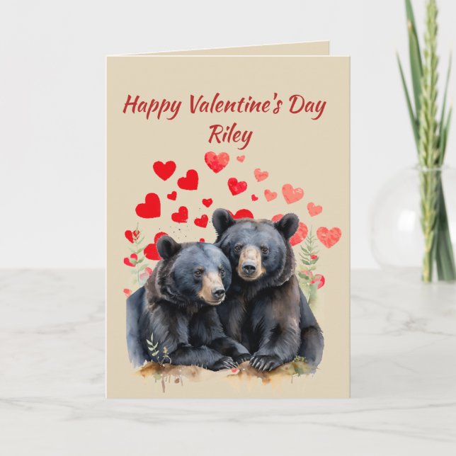 Custom Name Love Cute Bears Animal Hearts Holiday Card (Front)
