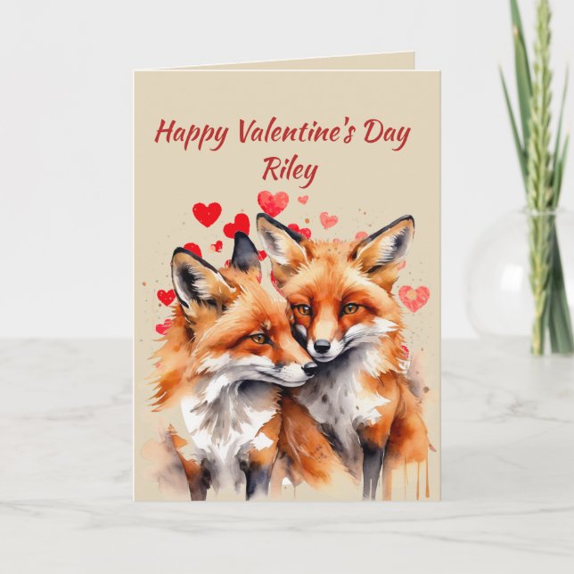Custom Name Love Cute Foxes Animal Hearts Holiday Card (Front)