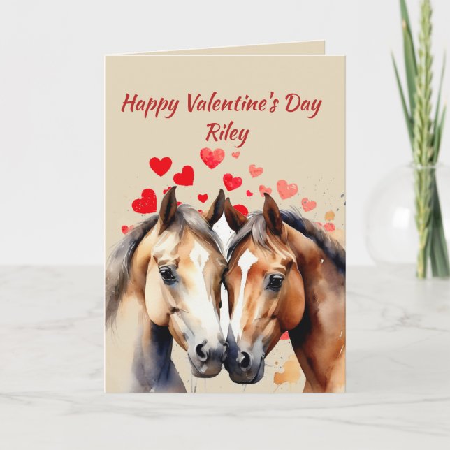 Custom Name Love Cute Horses Animal Hearts Holiday Card (Front)