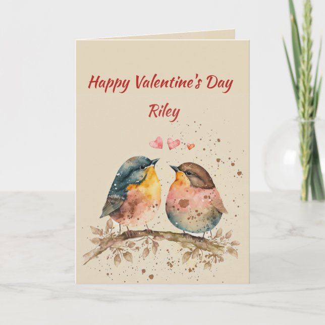 Custom Name Love Cute Love Birds Romantic Hearts Holiday Card (Front)