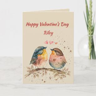 Custom Name Love Cute Love Birds Romantic Hearts Holiday Card
