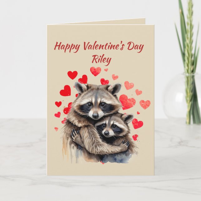 Custom Name Love Cute Racoon Animal Hearts Holiday Card (Front)