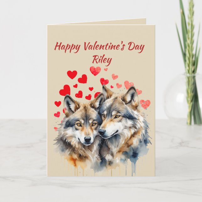 Custom Name Love Cute Wolf Animal Hearts Holiday Card (Front)