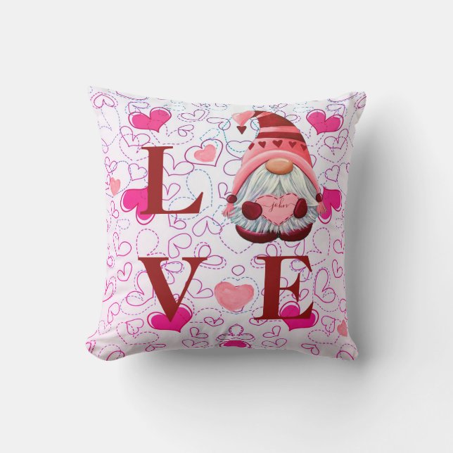 Custom Name LOVE Hearts Gnome Valentines Gift Cushion (Front)