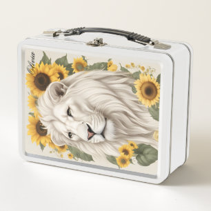 Custom Name Lunch Box, Sunflowers Magical Lion Metal Lunch Box