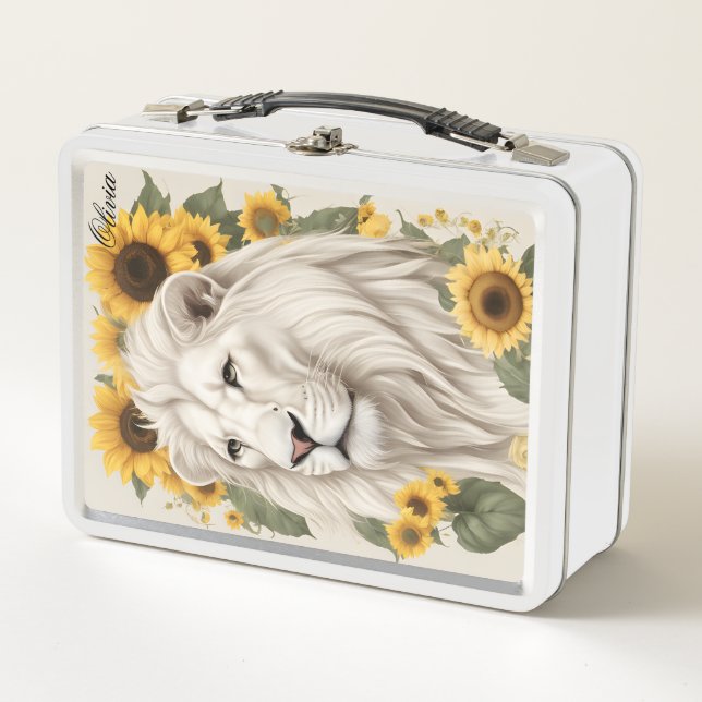 Custom Name Lunch Box, Sunflowers Magical Lion Metal Lunch Box (Front)