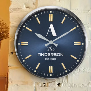 Custom name Luxury Blue Elegant Gold and Silver Large Clock