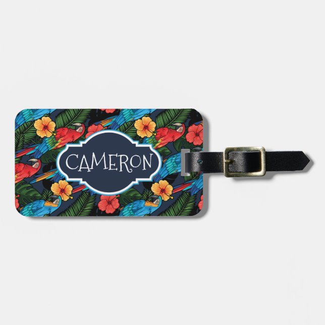 Custom Name Macaw And Hibiscus Pattern Luggage Tag (Front Horizontal)
