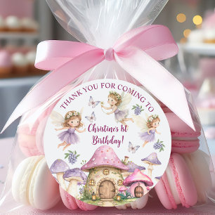 Custom Name Magic Fairies Pink Mushrooms Birthday Classic Round Sticker