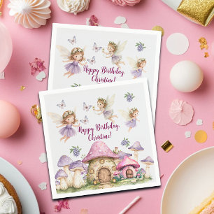 Custom Name Magic Fairies Pink Mushrooms Birthday Napkin