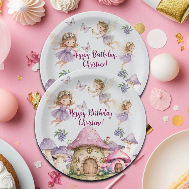 Custom Name Magic Fairies Pink Mushrooms Birthday Paper Plate (Creator Uploaded)