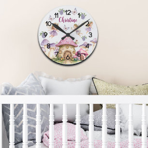 Custom Name Magic Fairies Pink Mushrooms Round Clock