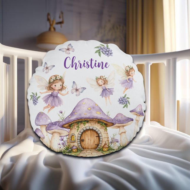 Custom Name Magic Fairies Purple Garden Round Cushion (Creator Uploaded)