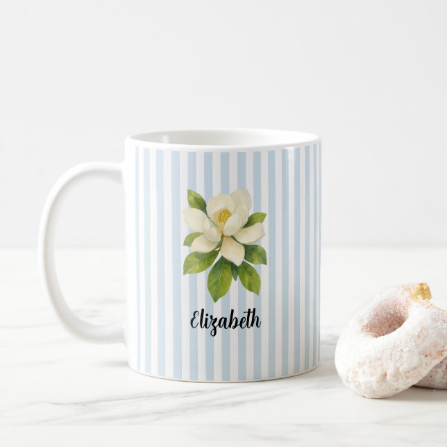 Custom Name Magnolia Painting Nautical Stripe  Coffee Mug (With Donut)