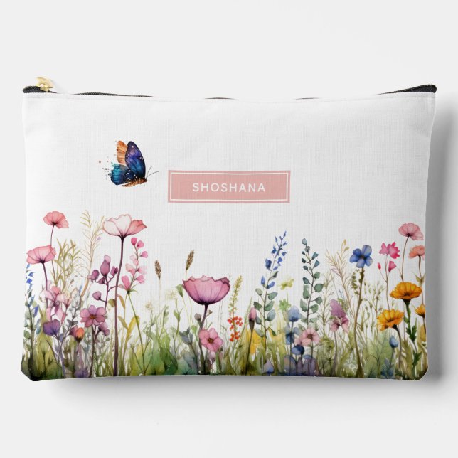 Custom Name Makeup Bag w Wildflowers & Butterfly (Front)