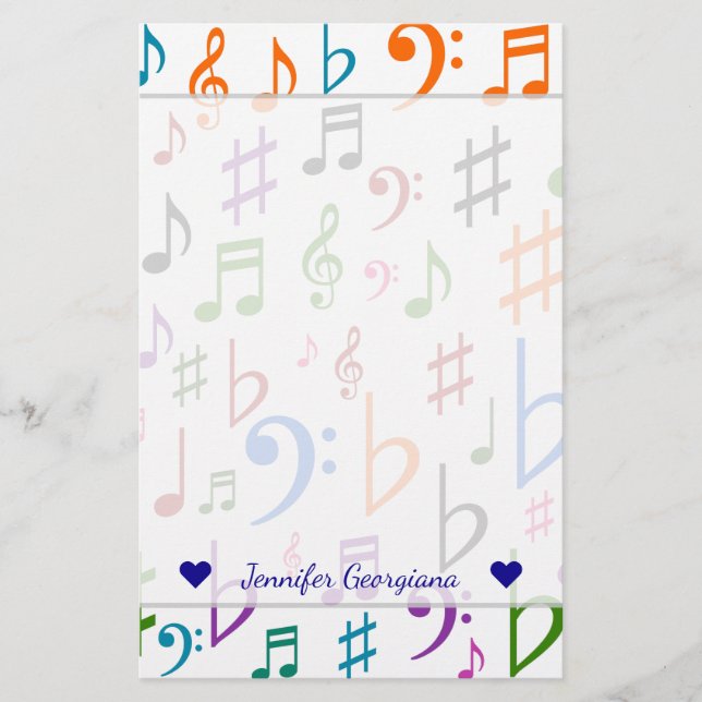 Custom Name; Many Colourful Music Notes and Symbol Stationery (Front)