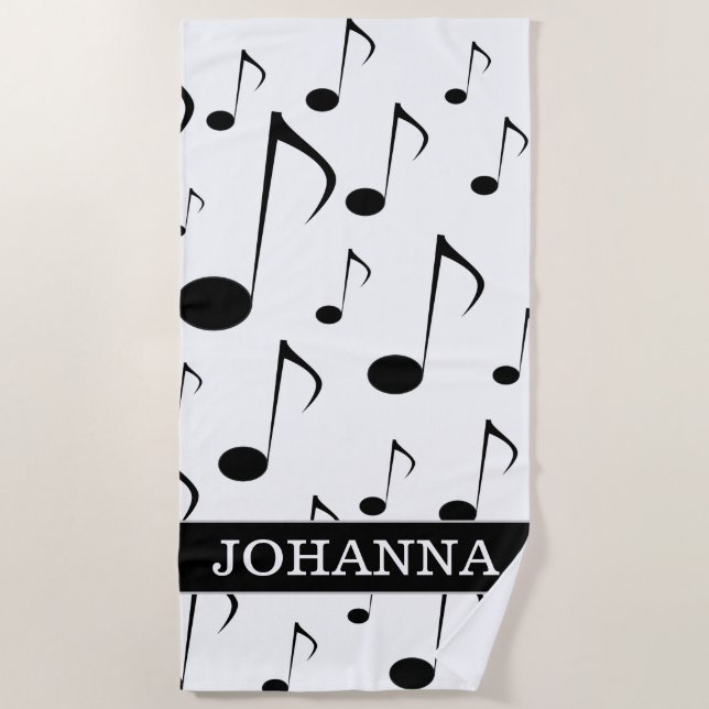 Custom Name + Many Musical Notes Pattern Beach Towel (Front)