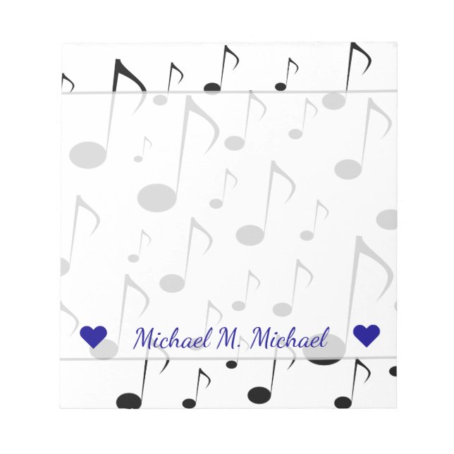 Custom Name + Many Musical Notes Pattern Notepad (Front)