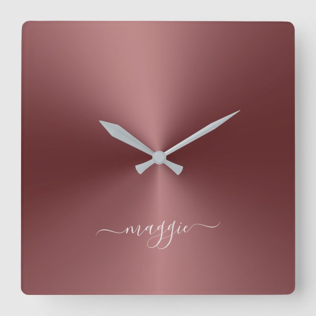 Custom Name Maroon Metallic Style Acrylic Square Wall Clock (Front)