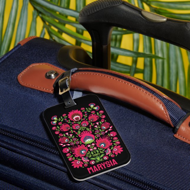 Custom name Maroon symmetrical Folk Wycinanki  Luggage Tag (Front Insitu 1)