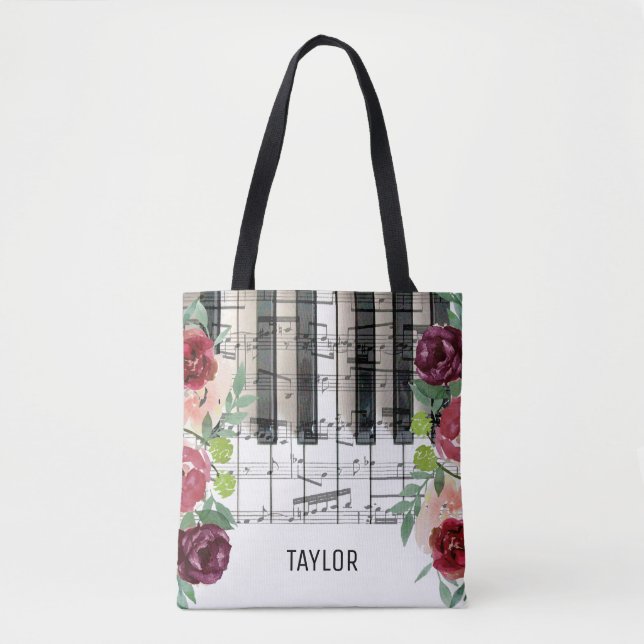 custom name marsala flowers music notes tote bag (Front)