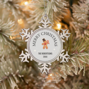 Custom name Merry Christmas gingerbread man grey Snowflake Pewter Christmas Ornament