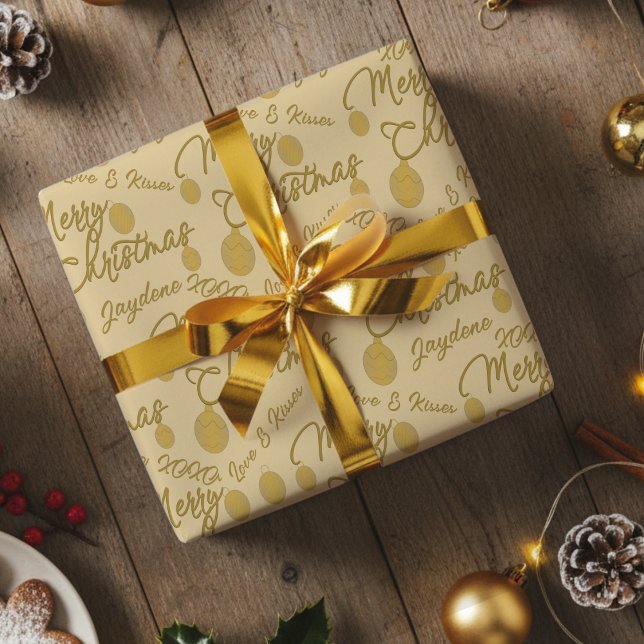 Custom Name Message Gold Christmas Wrapping Paper (Chic gold writing on cream Christmas Paper that you can customize for the special occasion. )