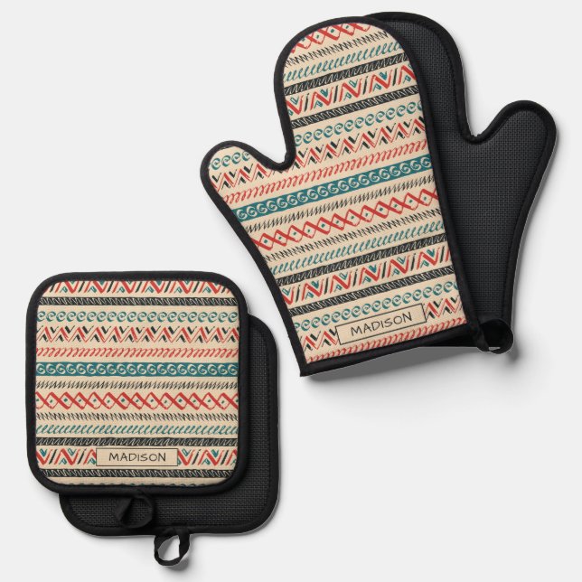 Custom Name Mexican / Aztec Pattern Oven Mitt & Pot Holder Set (Front/Back)