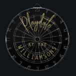 Custom Name Minimalist Black Gold Playdate Script Dartboard<br><div class="desc">Personalised dartboard with a family name for example. Simple minimalist minimal design with the customisable phrase quote saying Playdate at the family name. Premium neutral black and gold look with a combination of trendy handwriting script calligraphy and a modern clean sans serif font typography. Playing darts game at family and...</div>