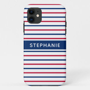 Custom Name Minimalist Red and Blue Stripes Modern iPhone 11 Case