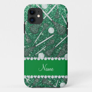 Custom name mint green glitter lacrosse sticks iPhone 11 case