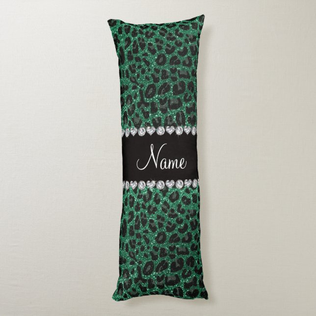 Custom name mint green glitter leopard print body cushion (Back (Vertical))