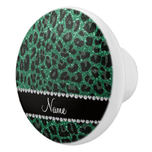 Custom name mint green glitter leopard print ceramic knob