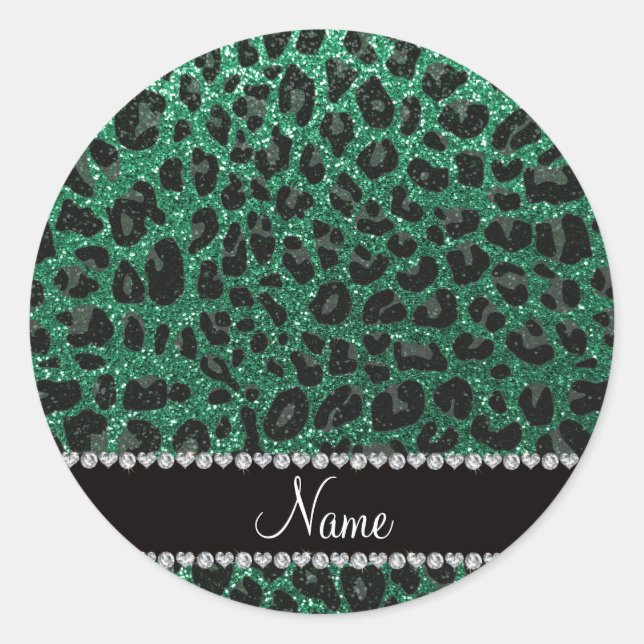 Custom name mint green glitter leopard print classic round sticker (Front)