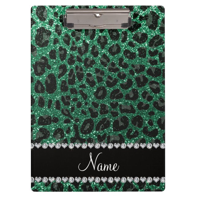 Custom name mint green glitter leopard print clipboard (Front)