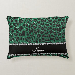Custom name mint green glitter leopard print decorative cushion