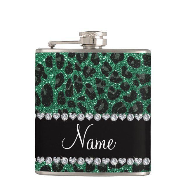 Custom name mint green glitter leopard print hip flask (Front)