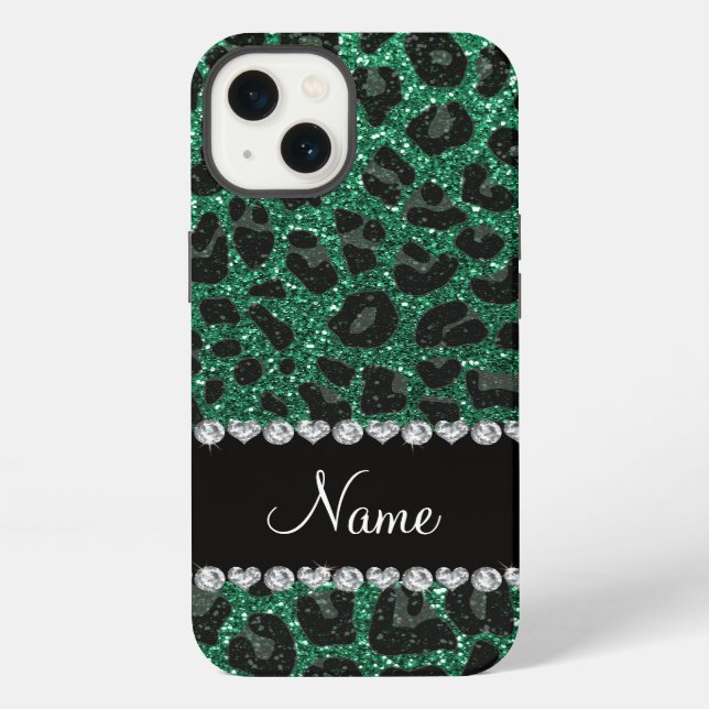 Custom name mint green glitter leopard print iPhone case (Back)