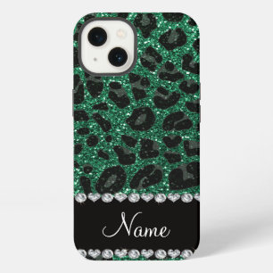 Custom name mint green glitter leopard print iPhone 13 case