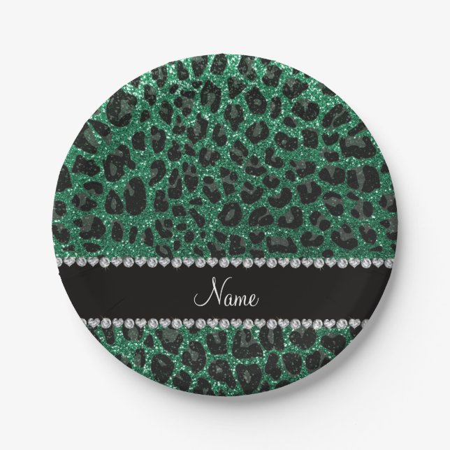 Custom name mint green glitter leopard print paper plate (Front)