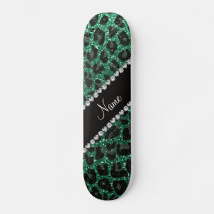 Custom name mint green glitter leopard print skateboard