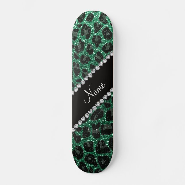 Custom name mint green glitter leopard print skateboard (Front)