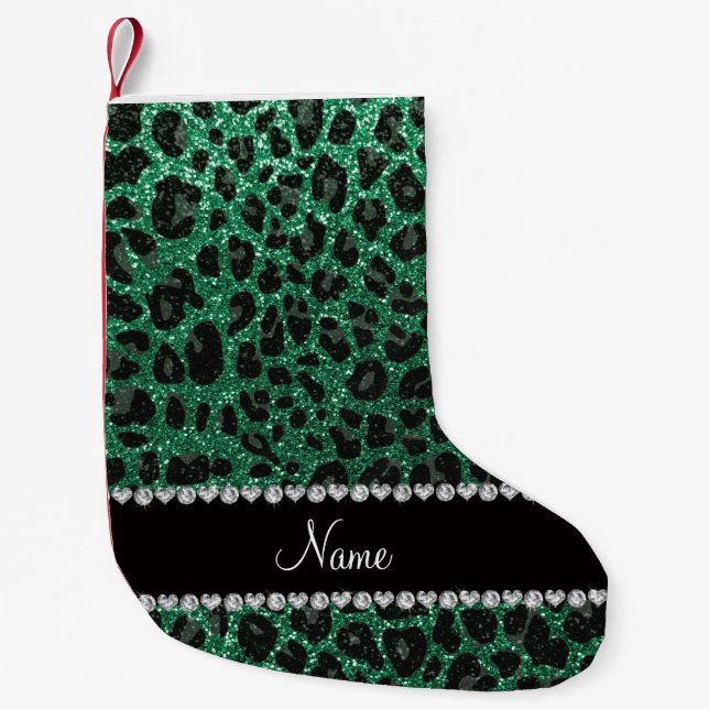 Custom name mint green glitter leopard print small christmas stocking (Front)