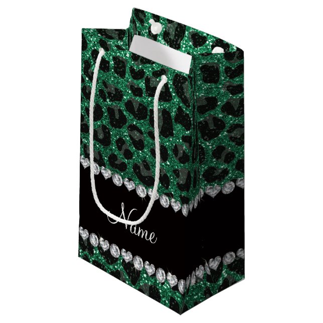 Custom name mint green glitter leopard print small gift bag (Front Angled)