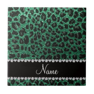 Custom name mint green glitter leopard print tile