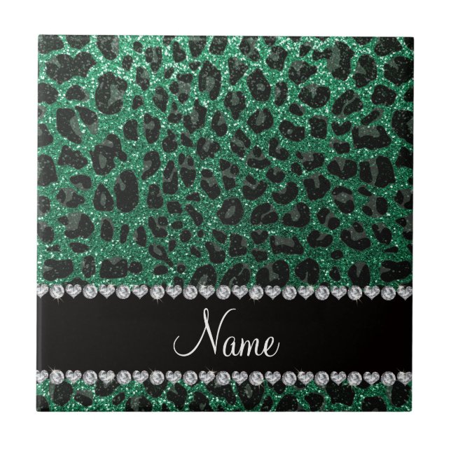 Custom name mint green glitter leopard print tile (Front)