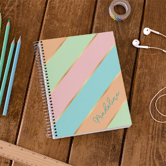 Custom Name Mint Green Turquoise Blue Pink Stripes Notebook