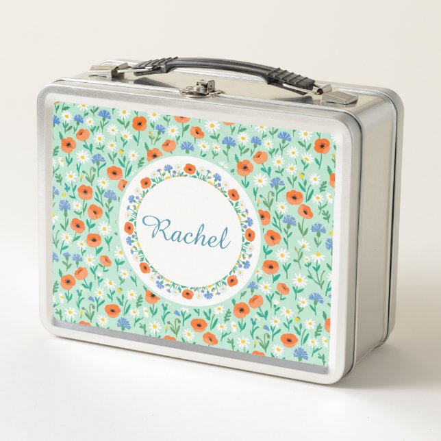 Custom Name Mint Green Wildflower Meadow Frame Metal Lunch Box (Front)