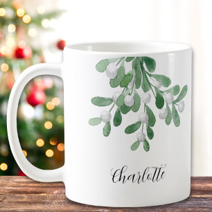 Custom Name Mistletoe Greenery Coffee Mug